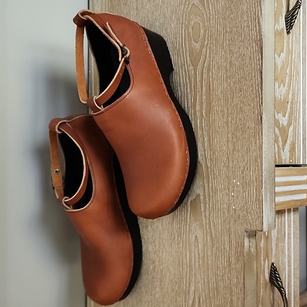 Sven Tan Leather Clog Mules with Ankle Strap - Picture 6 of 12